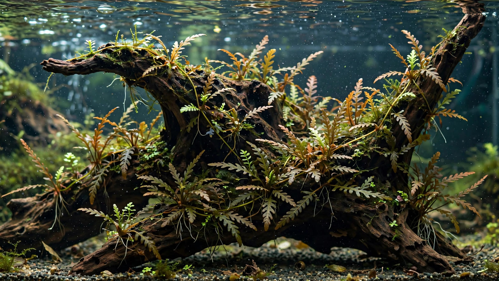 Fern-like olive and bronze Hygrophila pinnatifida leaves creeping across dark spiderwood driftwood underwater