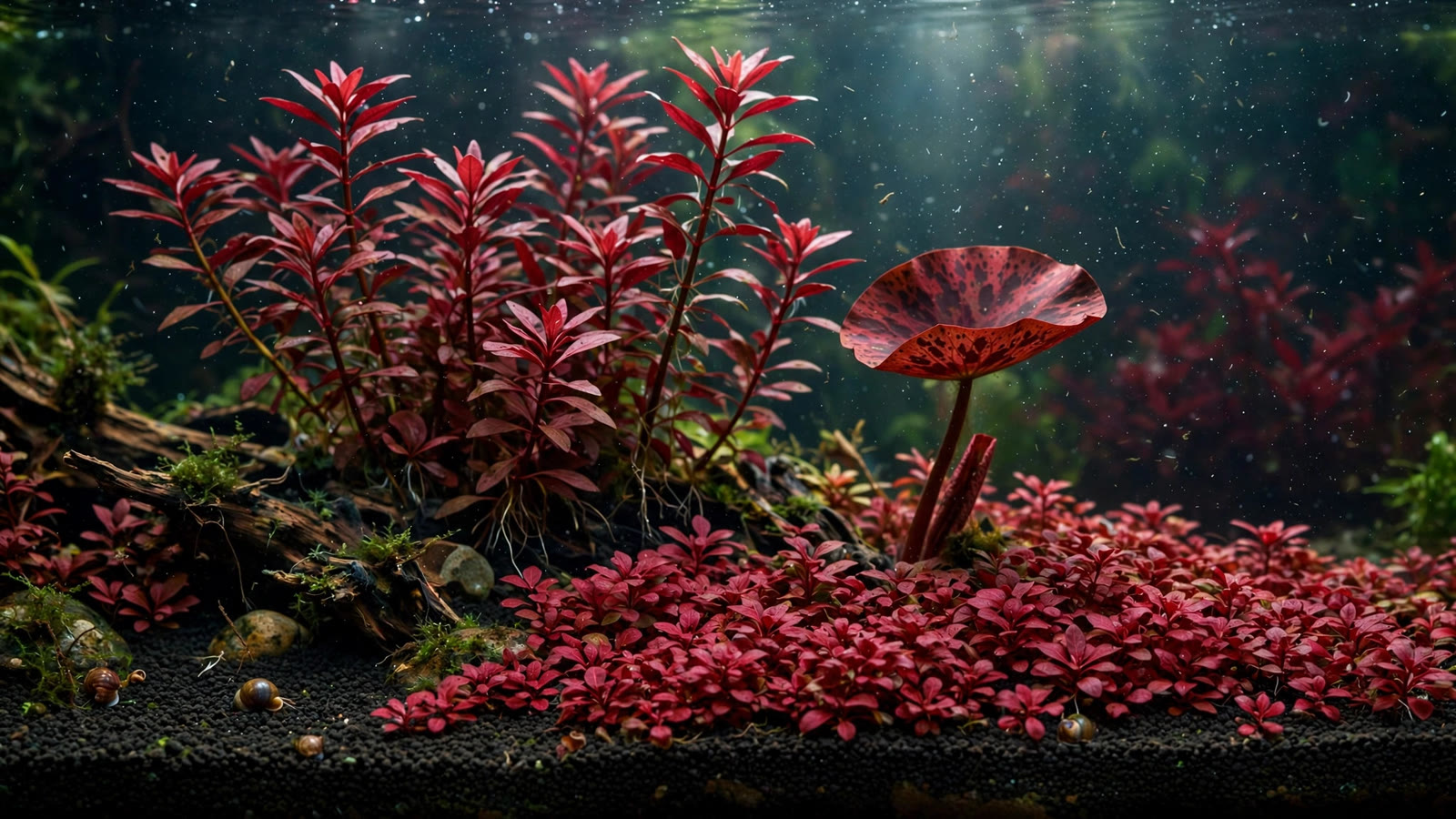 Planted aquarium with deep-crimson Ludwigia stems, ruby-red Alternanthera carpet, and red tiger lotus over dark substrate