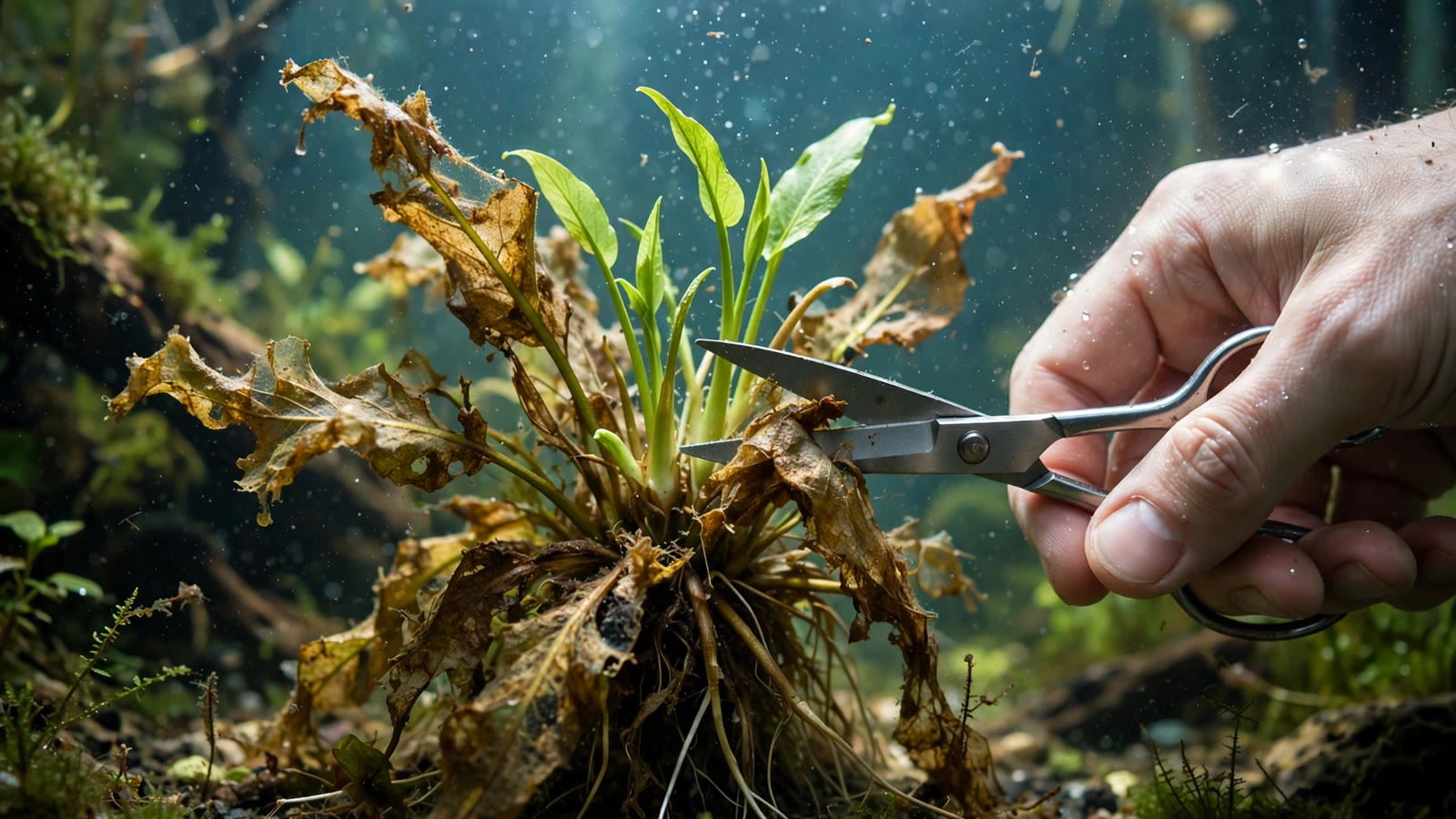 Aquascaper's hand trimming a melting aquarium plant with steel scissors as fresh green shoots emerge from a healthy crown