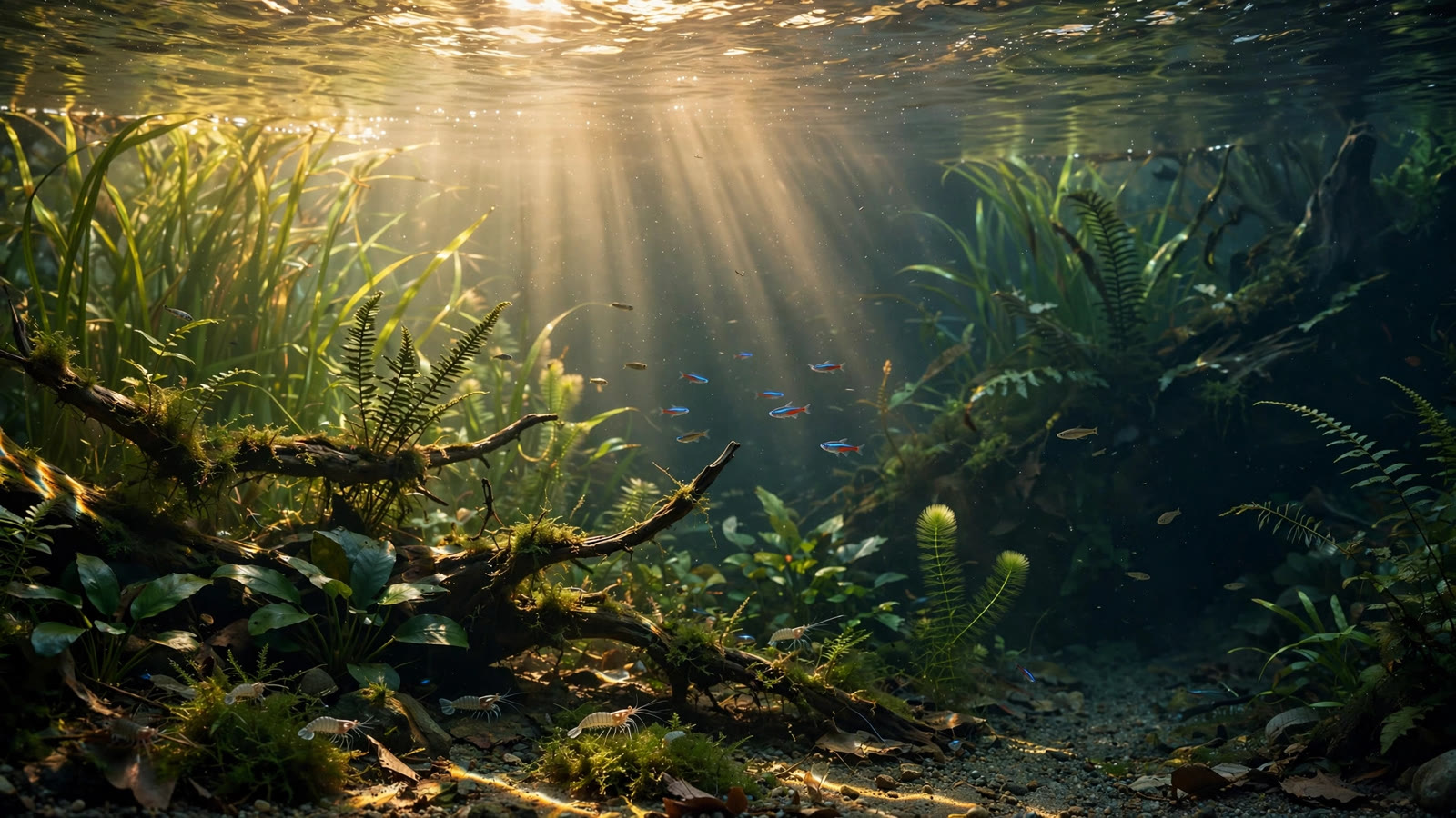 Photorealistic underwater view of a planted freshwater aquarium with warm light rays fading into a shadowed midday rest zone