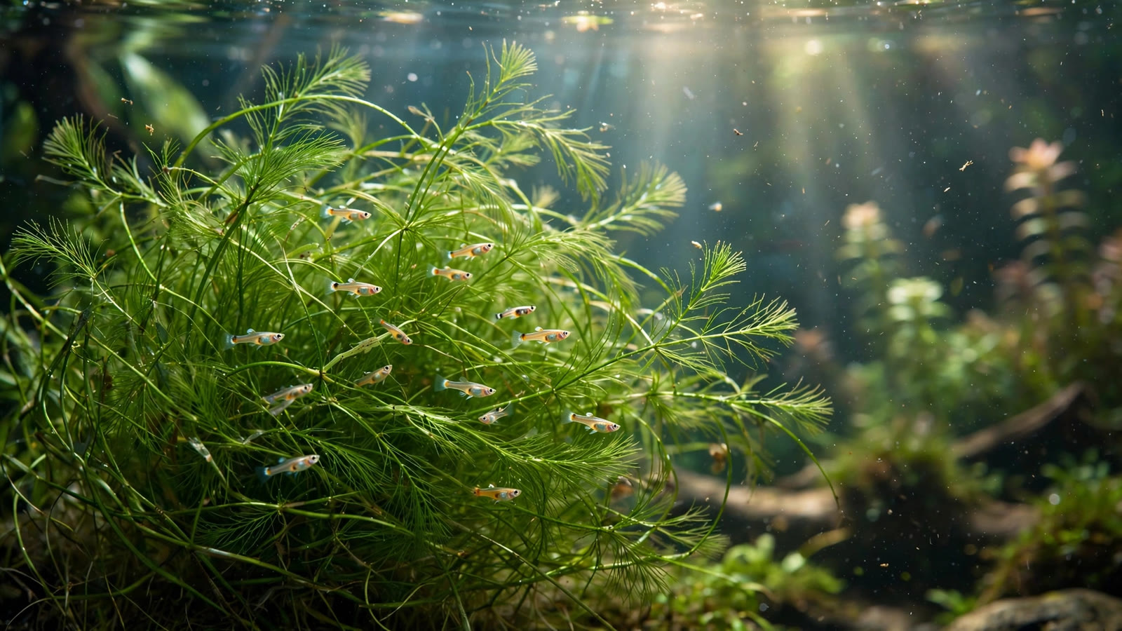 Bright green guppy grass tangle floating in aquarium water with tiny guppy fry sheltering in the foliage