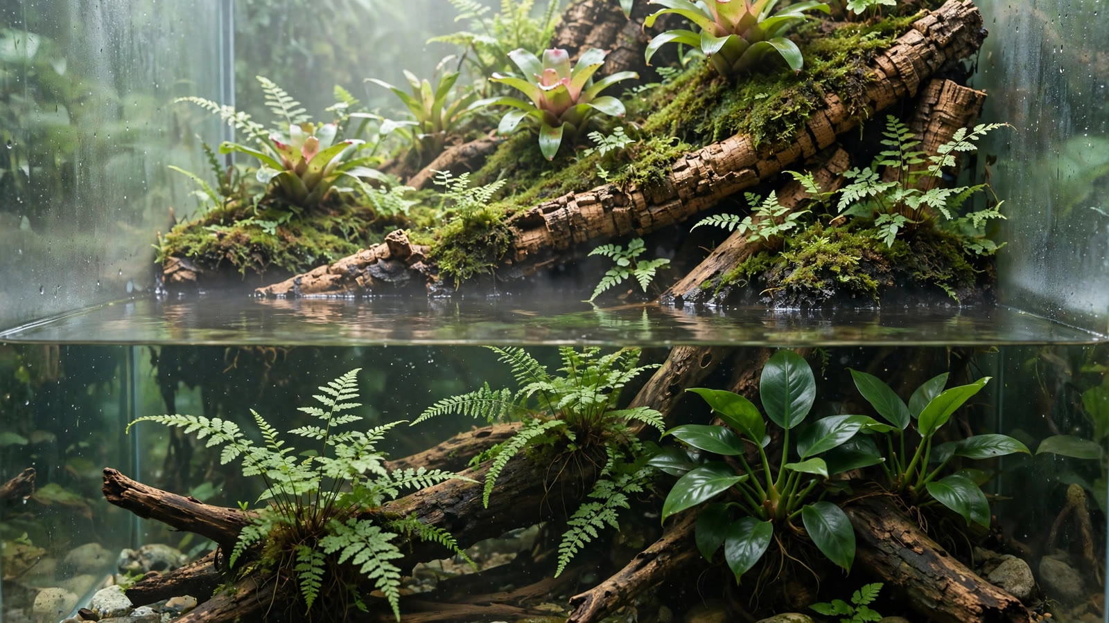 Paludarium tank with mossy land section, bromeliads and ferns above clear water with submerged plants