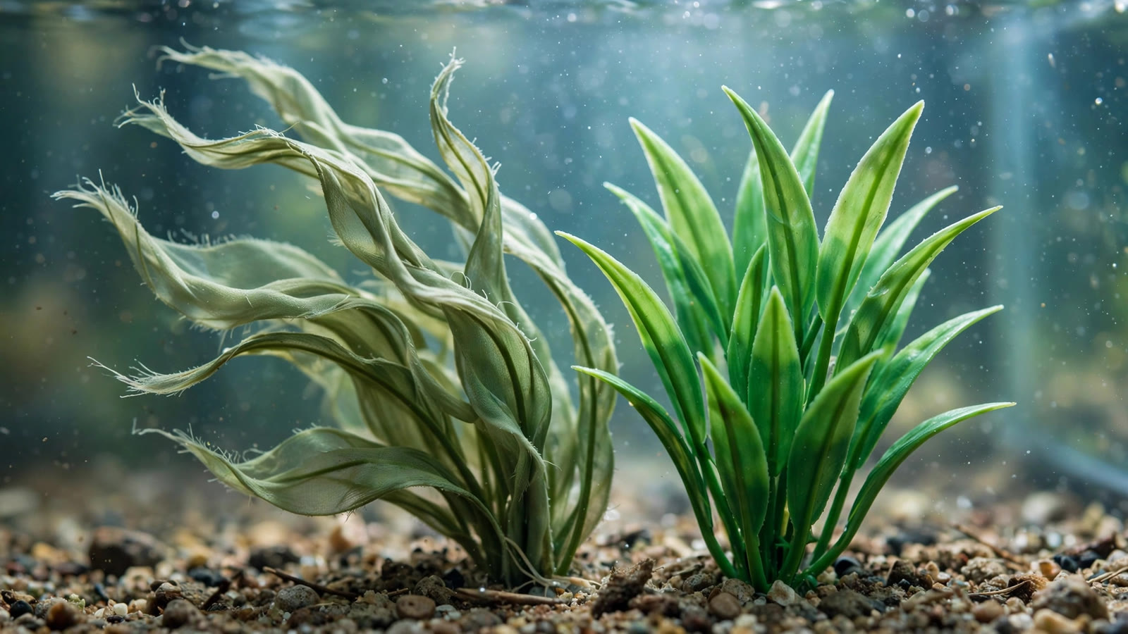 Silk fabric aquarium plant beside a stiffer plastic aquarium plant in clear aquarium water