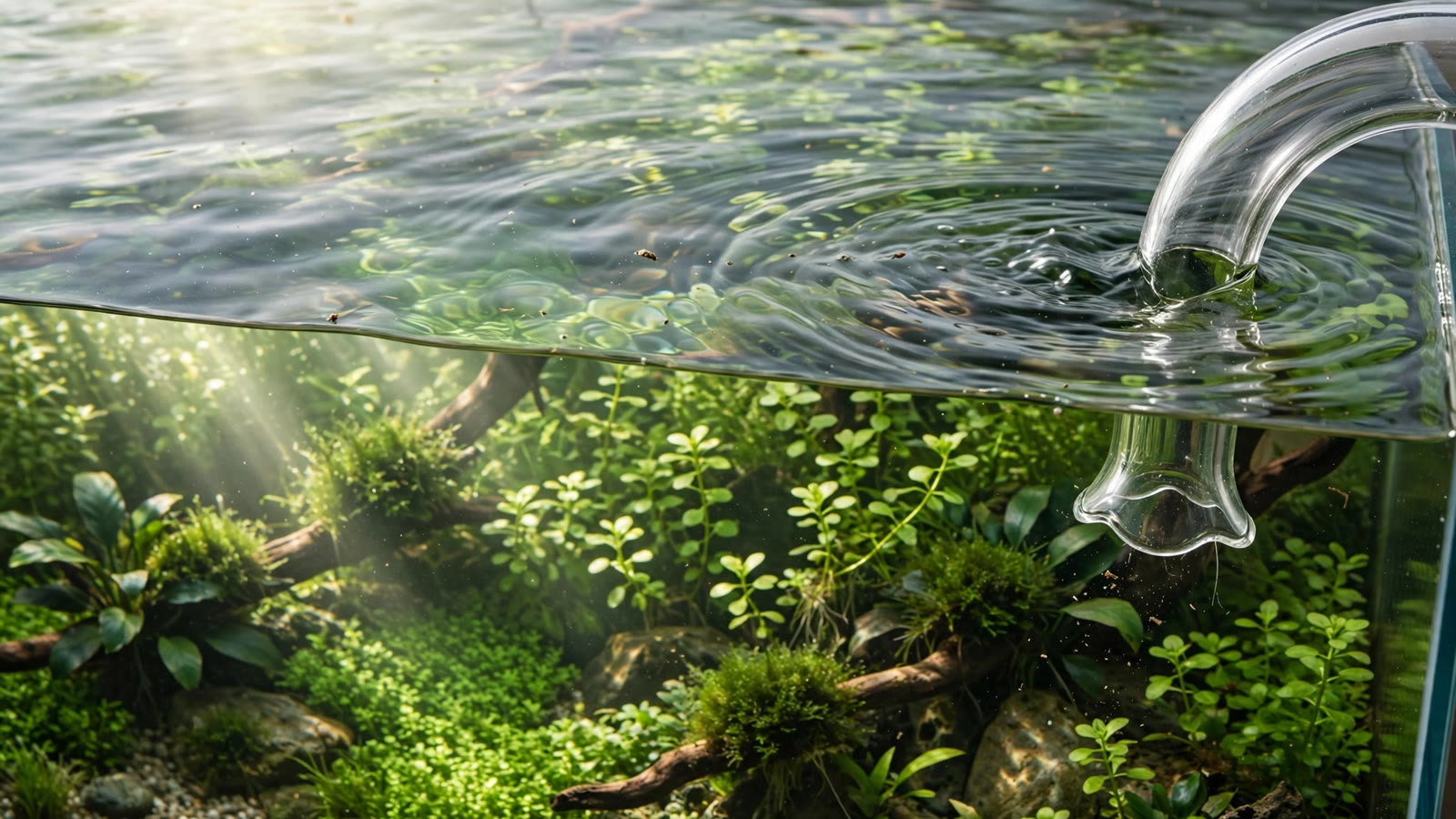 Glass lily-pipe surface skimmer inflow drawing clear water from the top of a planted aquarium