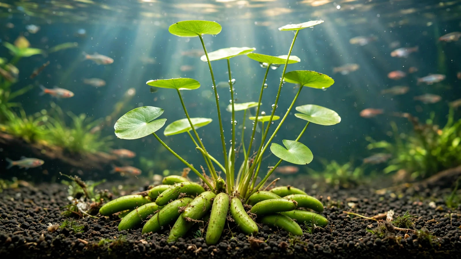 Banana plant with green tubers and lily pads in a planted aquarium