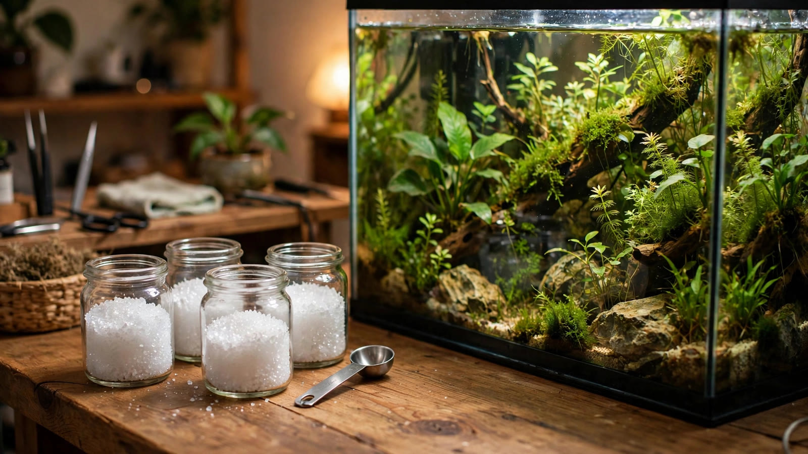 Glass bottles of DIY aquarium plant fertilizer dry salts KNO3 and KH2PO4 with dosing syringe beside a planted tank