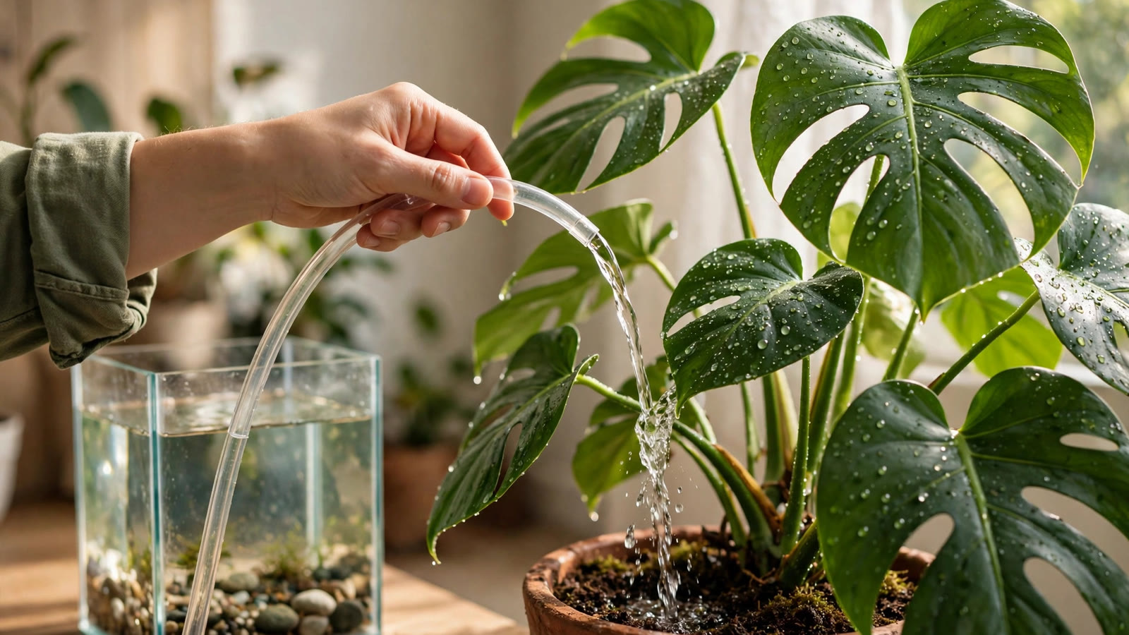 Watering a monstera with aquarium water from a siphon hose during a fish tank water change