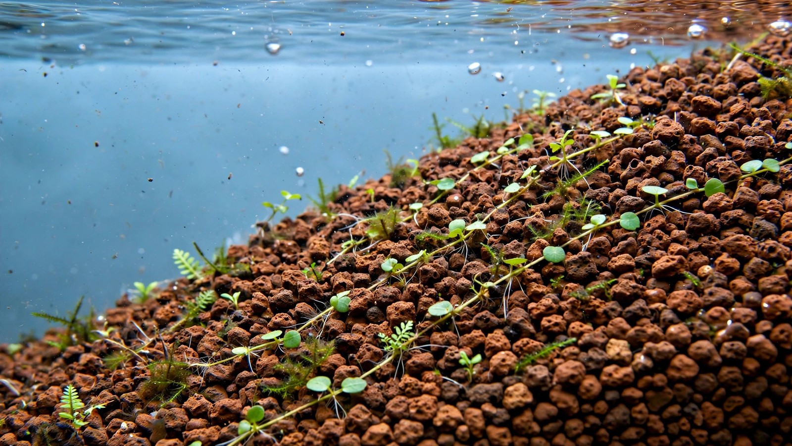 Macro photo of reddish-brown akadama granules forming a sloped planted aquarium substrate bed with tiny plant runners