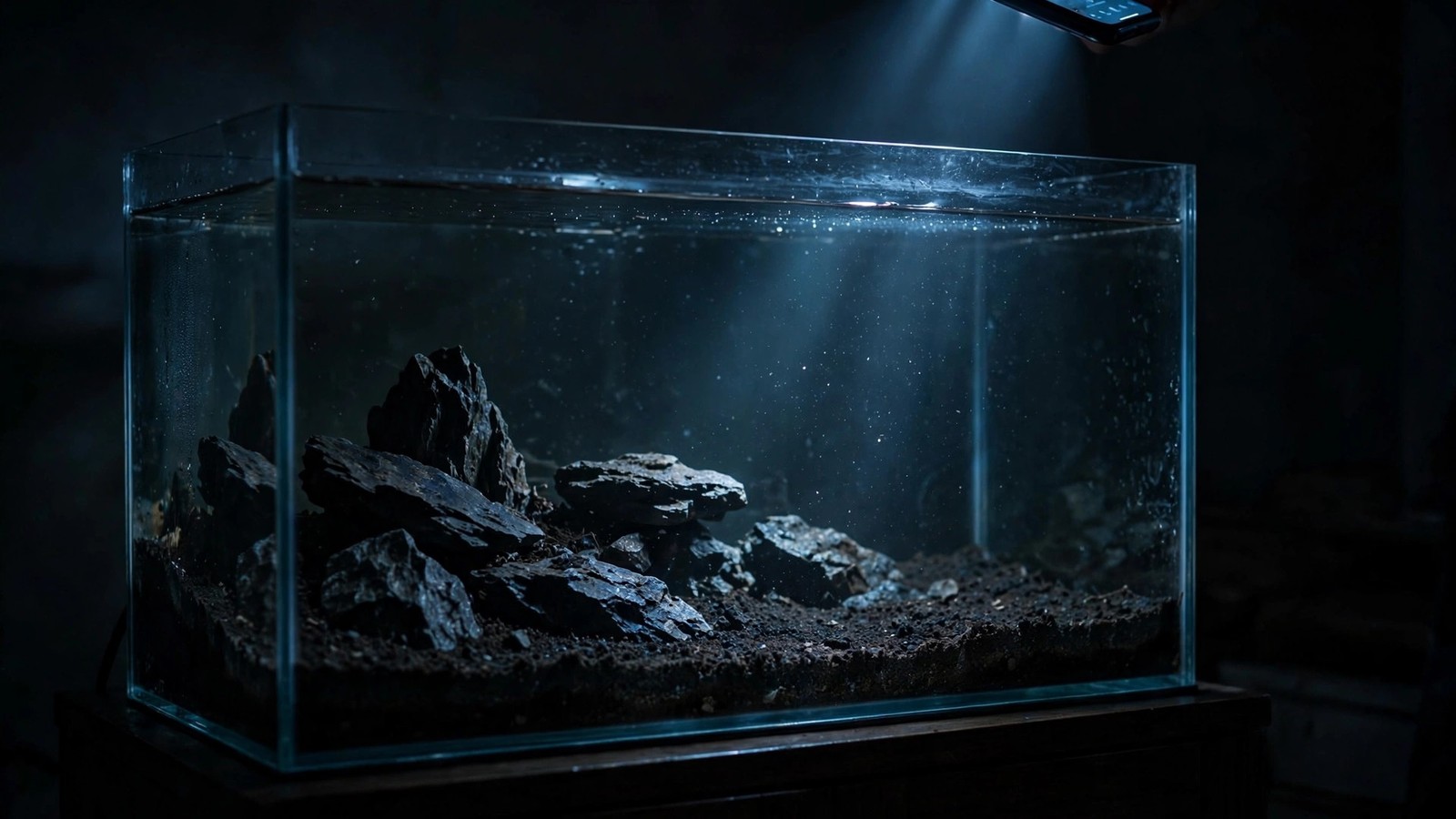 Dark aquarium with hardscape and substrate silhouettes at the start of a dark start cycle, no plants yet