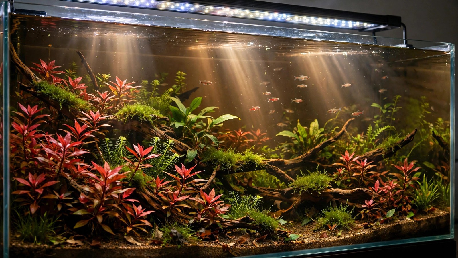 Side view of a lush planted aquarium lit by a slim Fluval LED light bar glowing over red and green plants.