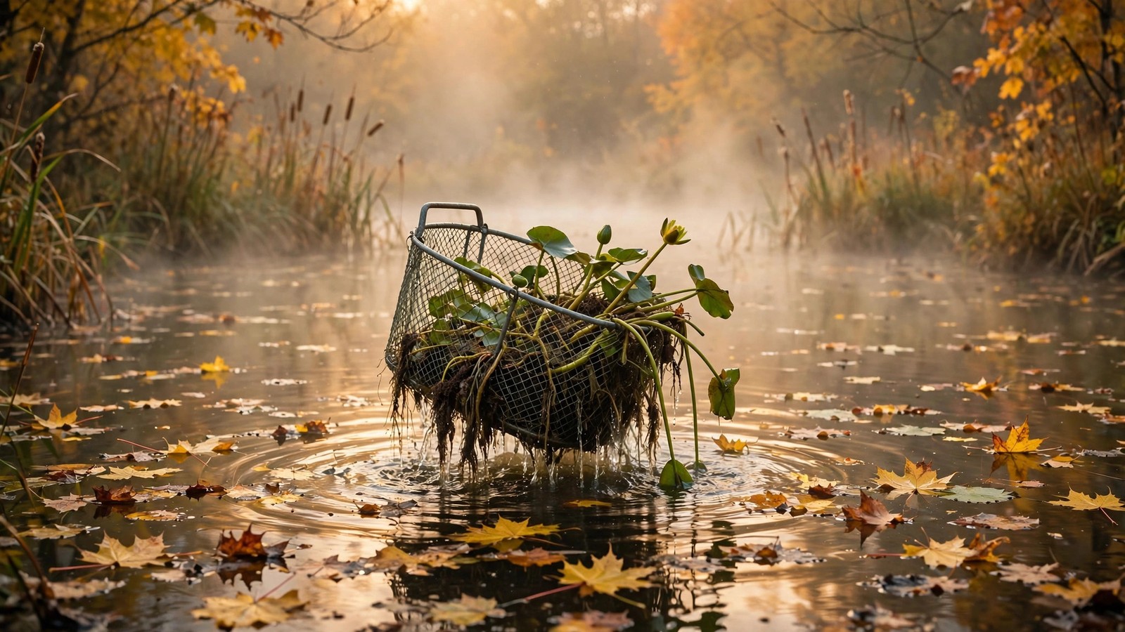 Misty autumn pond with water lilies being lifted in a mesh basket and leaves on the water surface