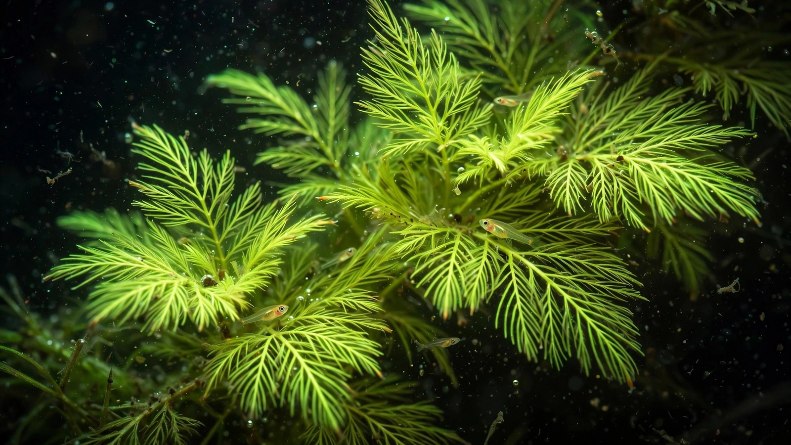Floating water sprite fronds with trailing roots and tiny fry hiding in bright aquarium water
