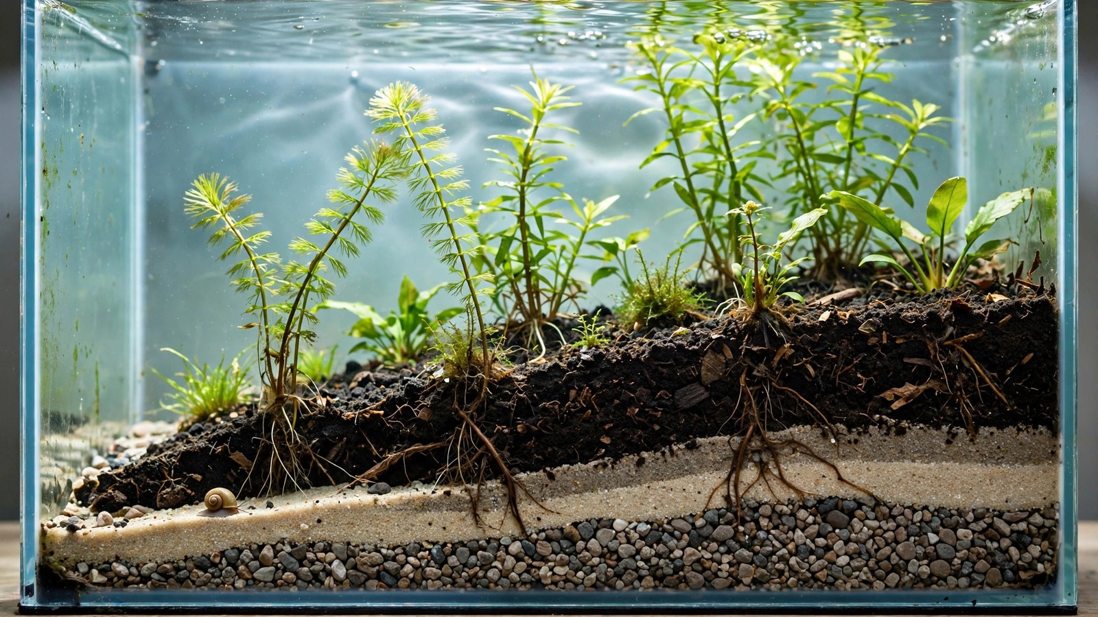 Cross-section view of a planted aquarium with a deep layered soil, sand and gravel substrate bed