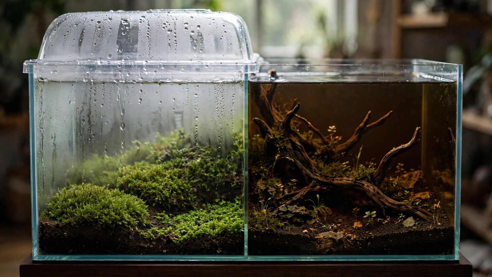 Split-view of a planted tank mid-cycle: one half emersed carpet under humidity cover, other half dark water with hardscape