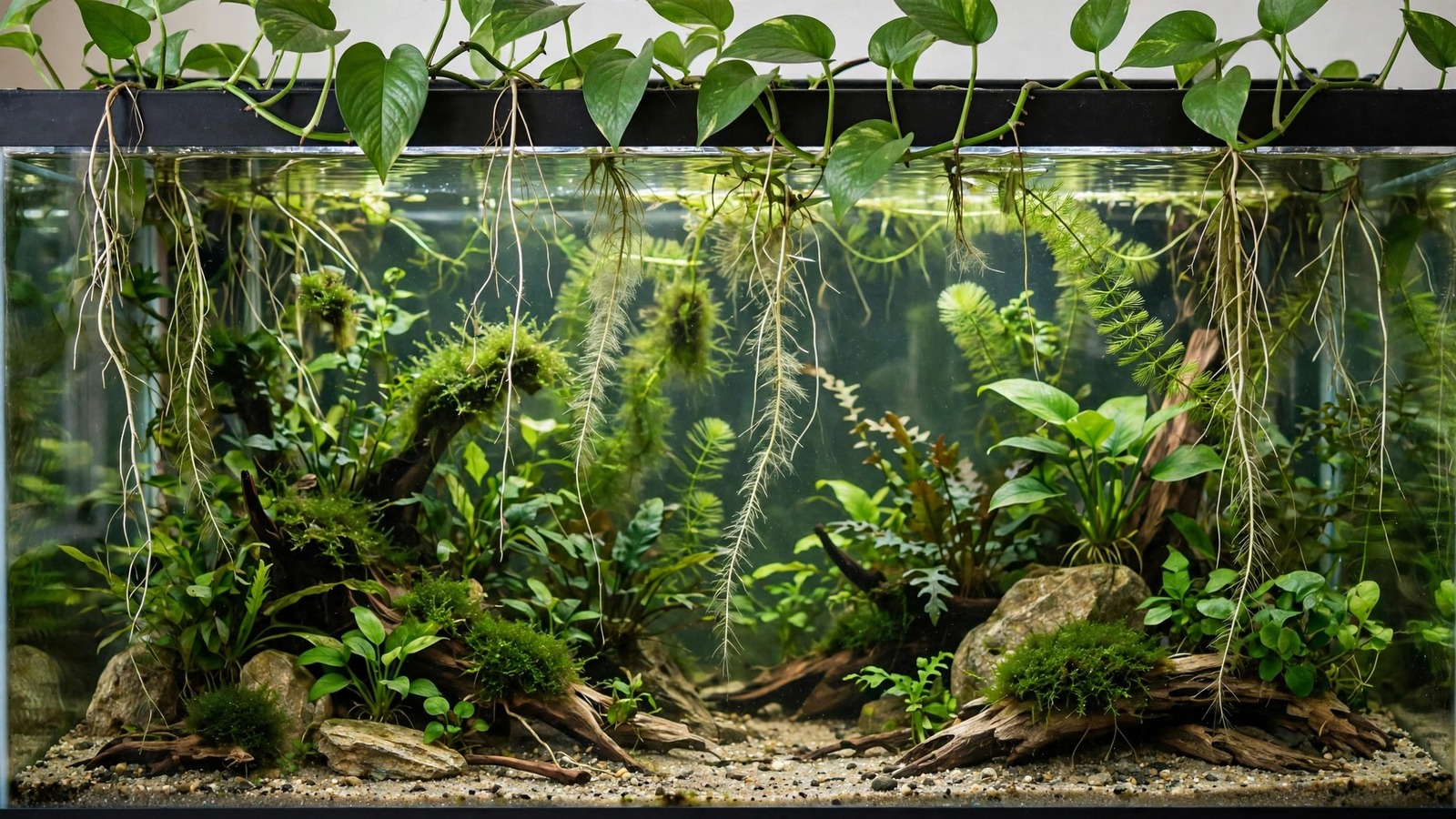 Photorealistic pothos vines trailing from the rim of a planted aquarium, roots dangling into clear water among green plants