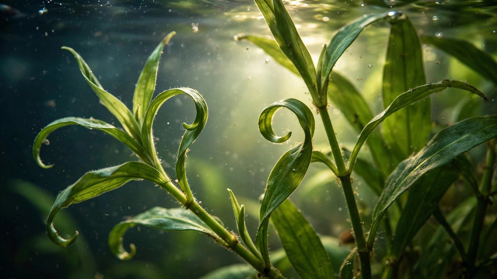 Close-up of aquarium stem plant leaves curling inward underwater, green foliage with soft tank light behind