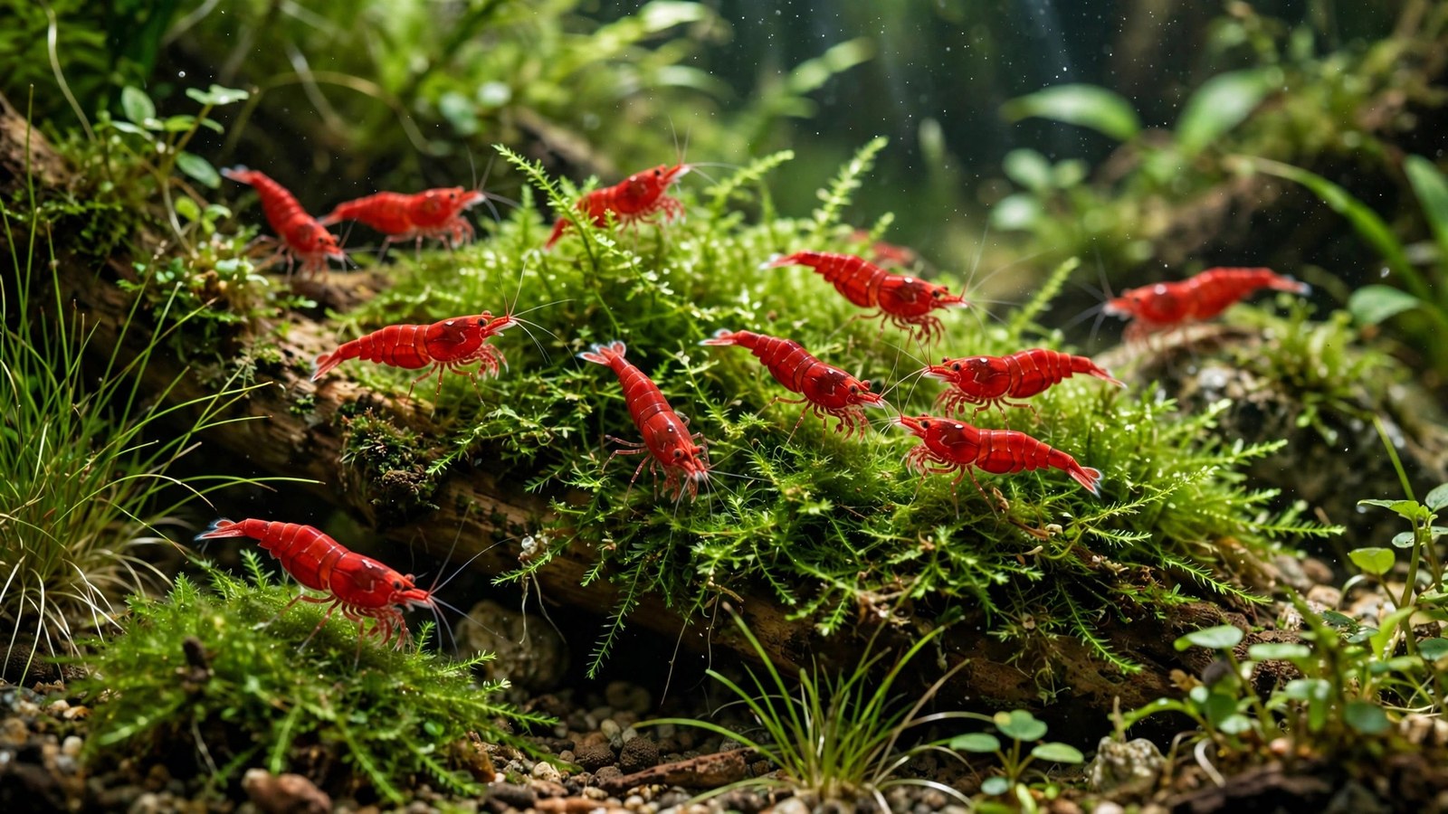 Macro photo of red cherry shrimp grazing on green moss in a lush planted aquarium colony
