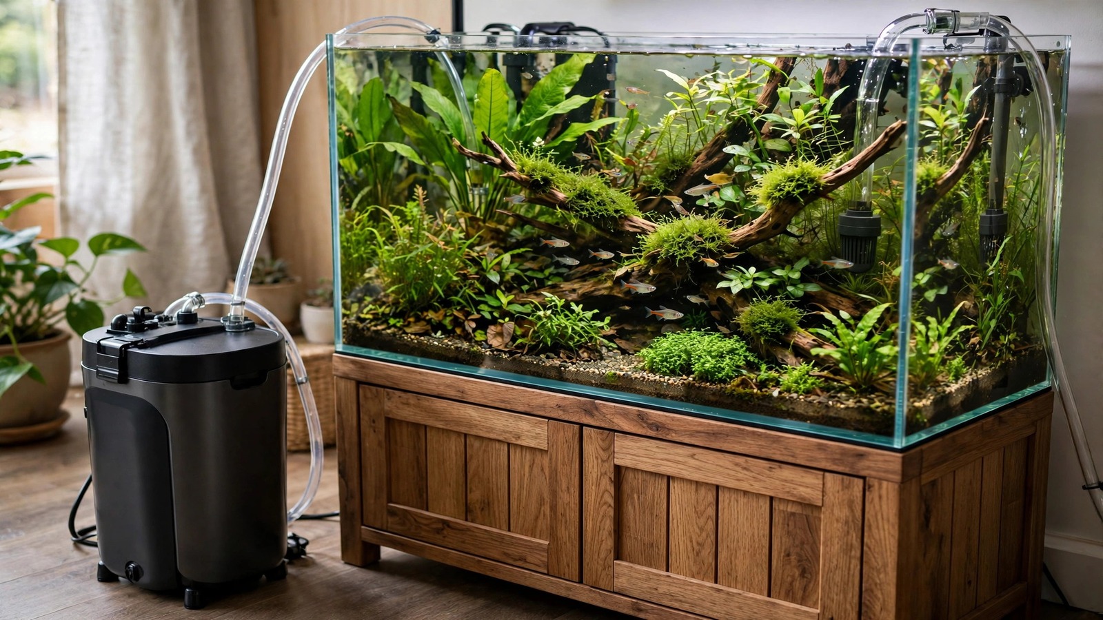 External canister filter with hoses beside a lush planted aquarium on a wooden stand