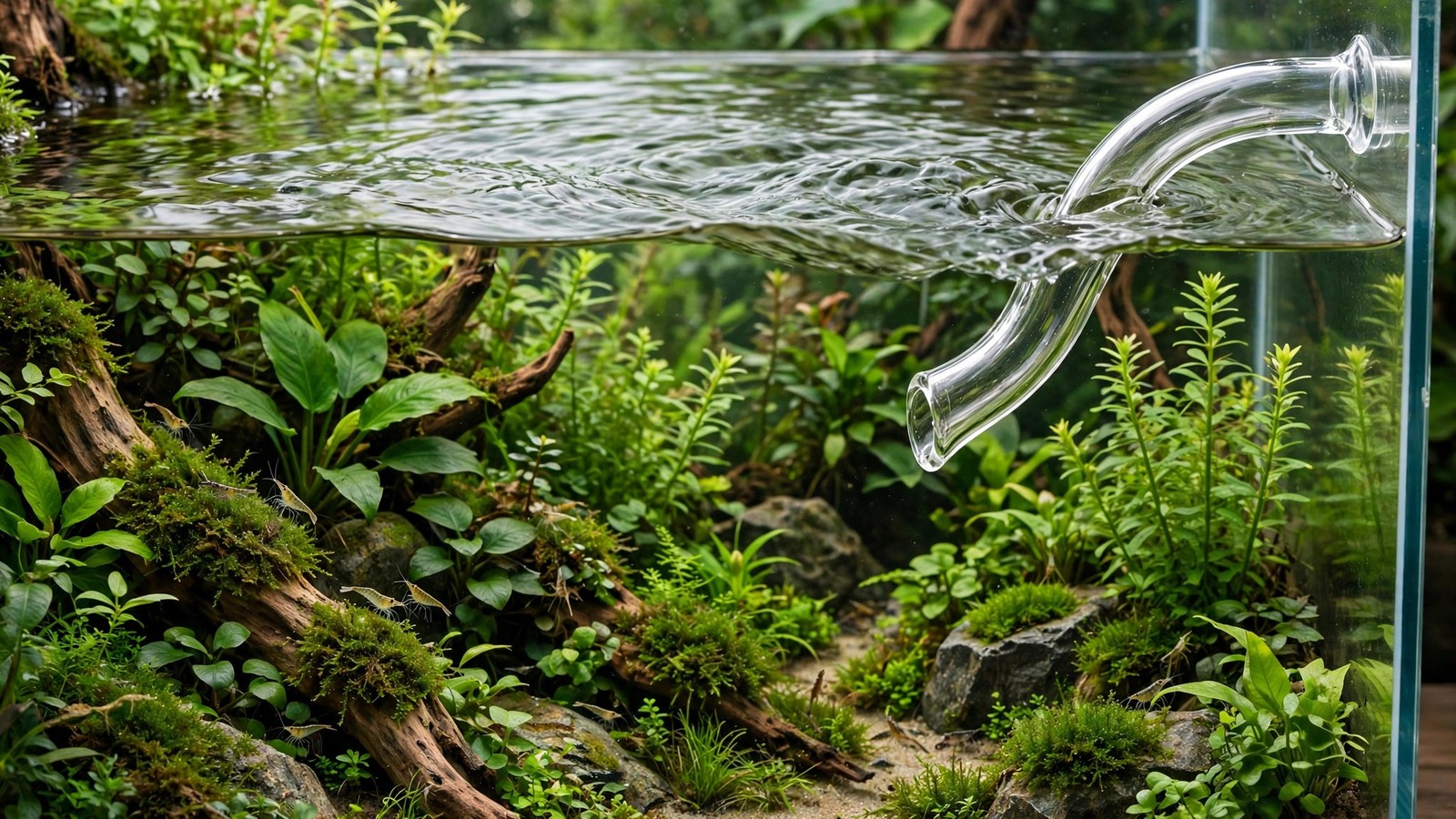 Curved glass lily pipe outflow creating gentle surface flow in a lush planted aquascape with driftwood and shrimp
