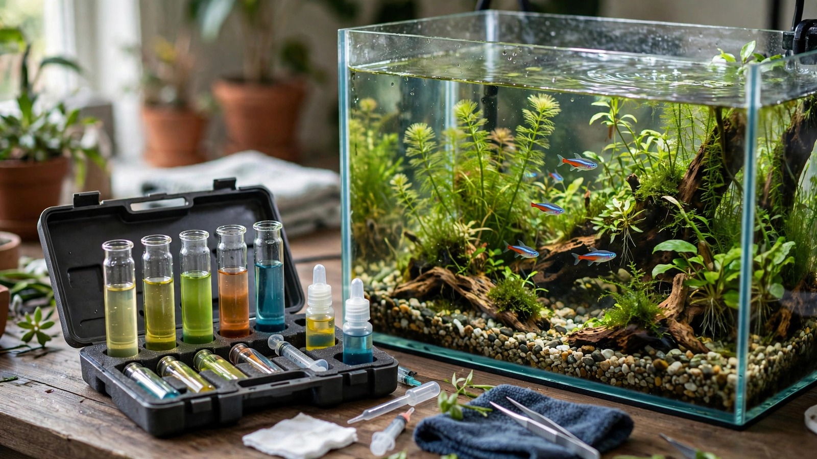 Aquarium water test kit with glass vials of colored water samples beside a lush planted fish tank