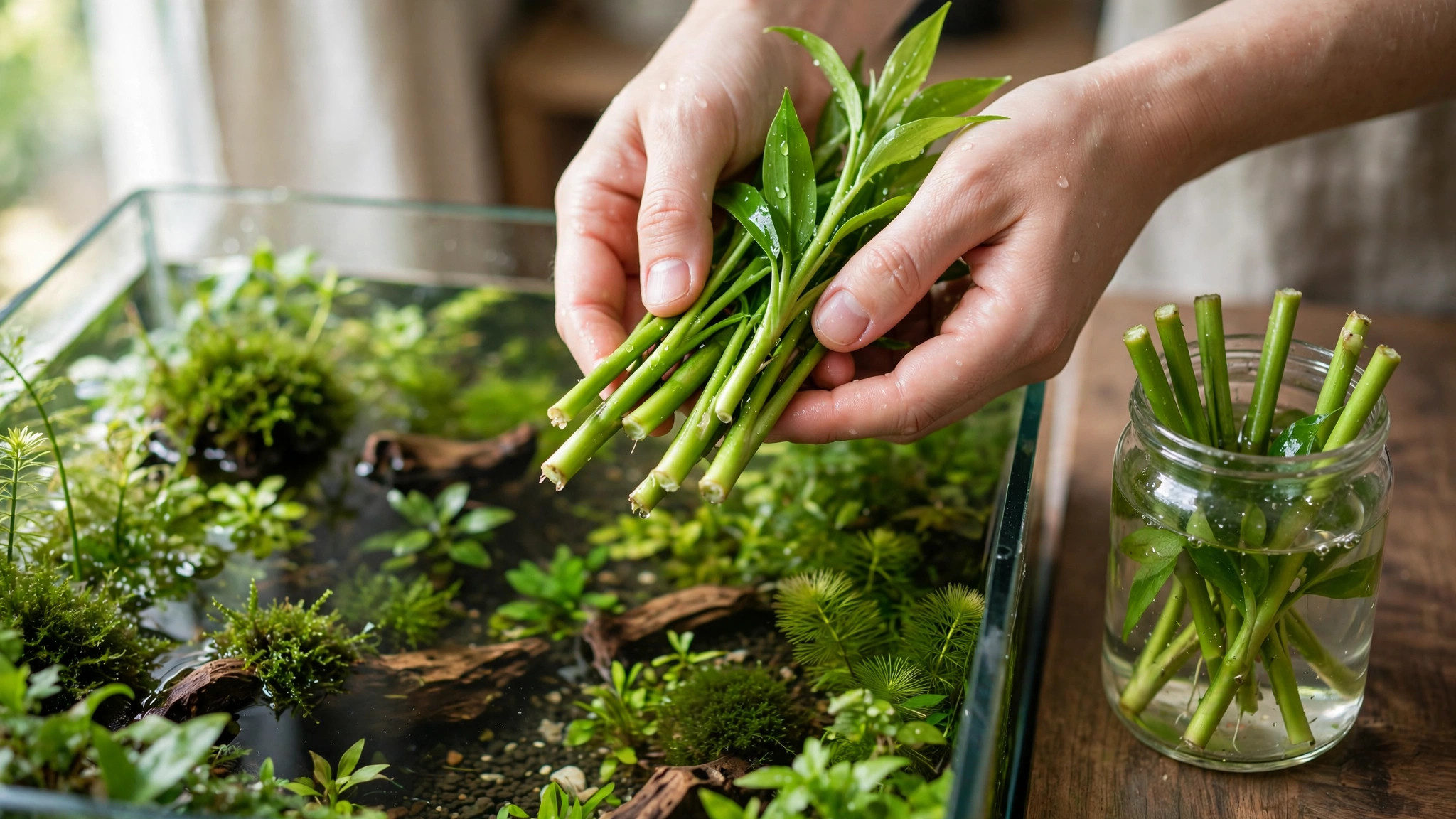 Hands replanting fresh aquarium plant trimmings into substrate in a planted tank