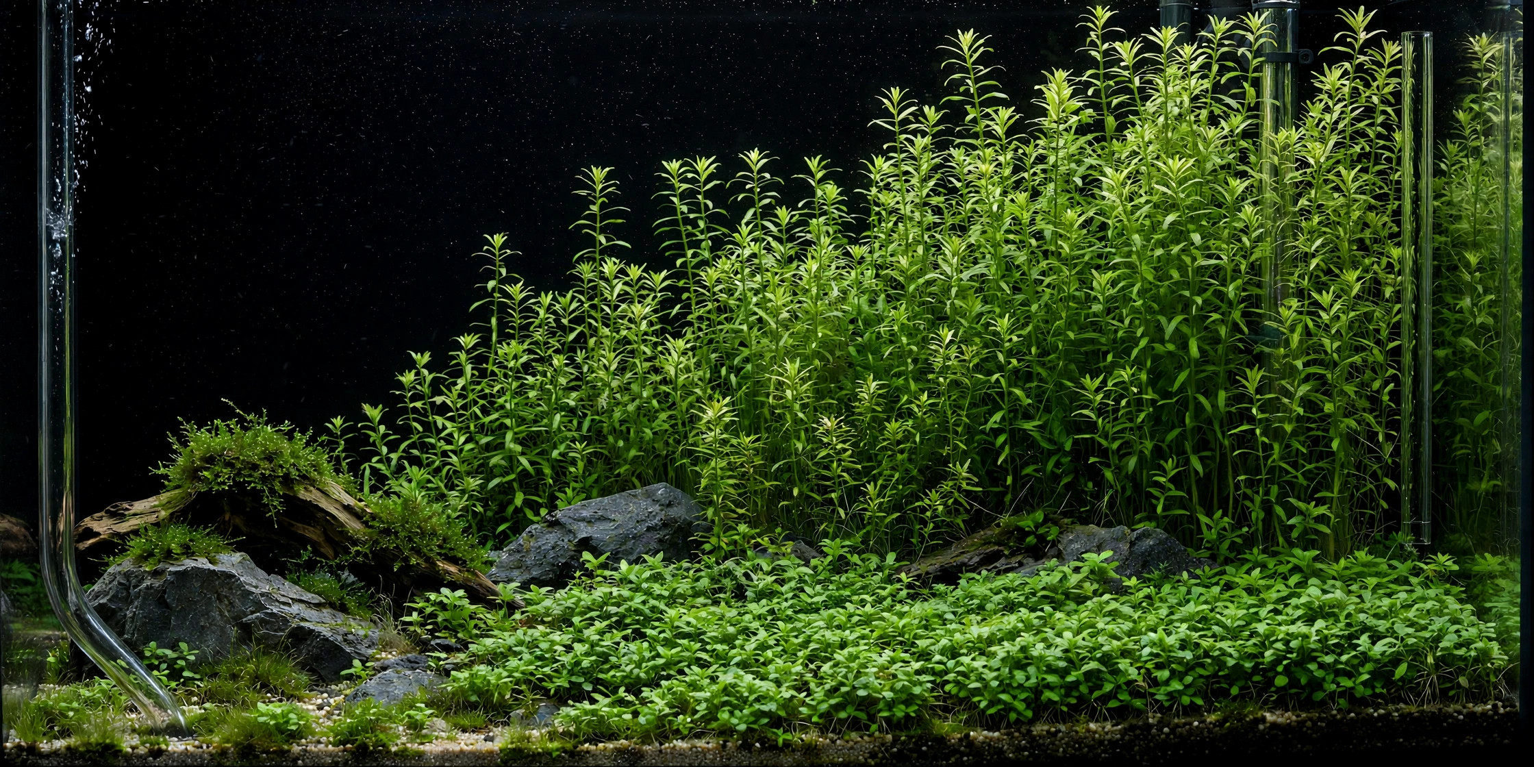 Planted aquascape with heater and filter hardware concealed behind background plants and driftwood