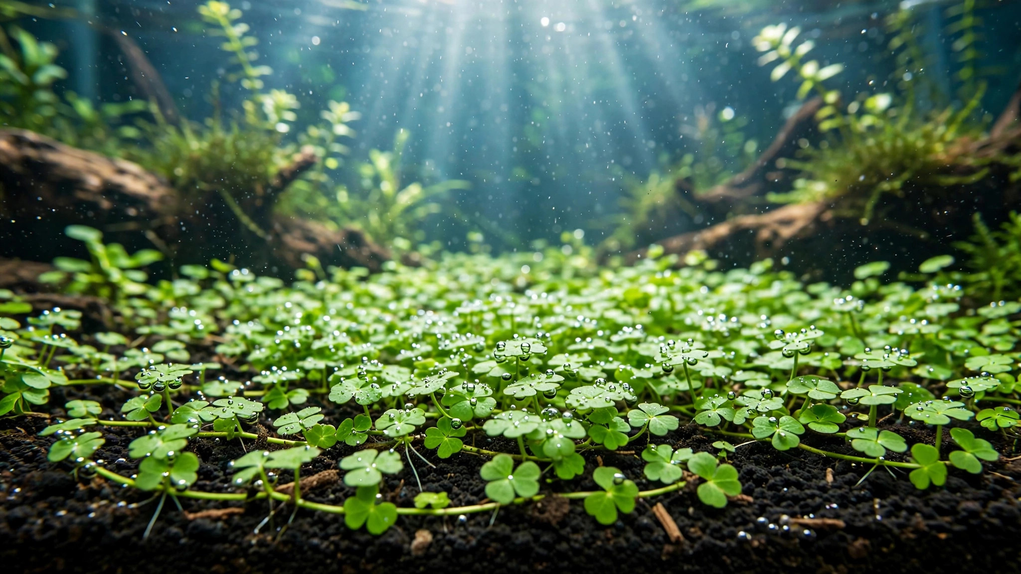 Bright green Hydrocotyle tripartita clover carpet spreading across the foreground of a planted aquarium