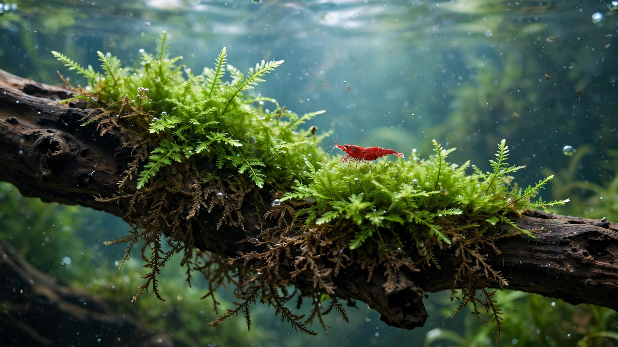 Java moss clump with brown patches growing on driftwood in a planted aquarium