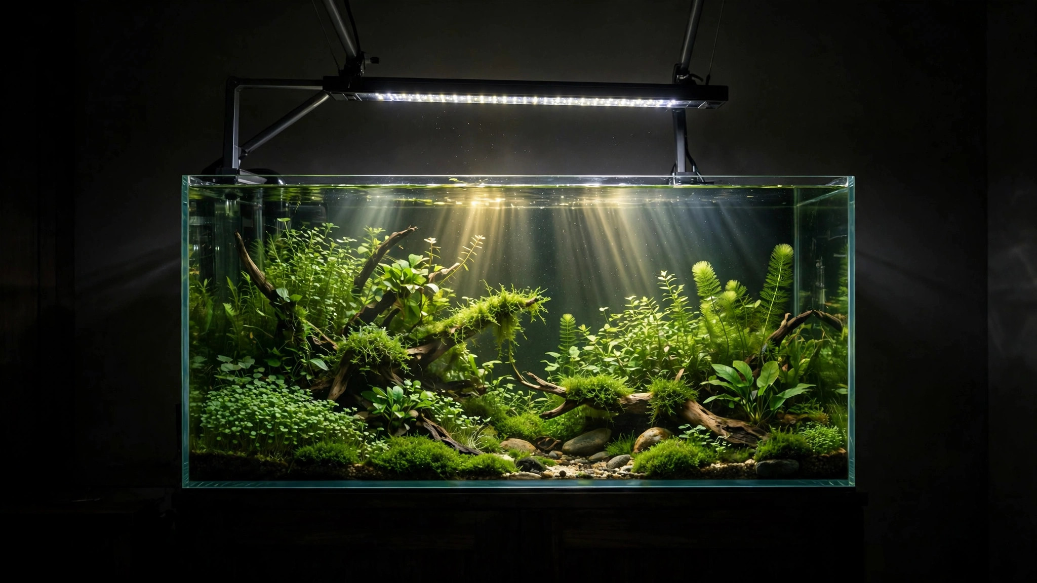 Aquarium light fixture over a planted tank with dimming output concept showing healthy green plants