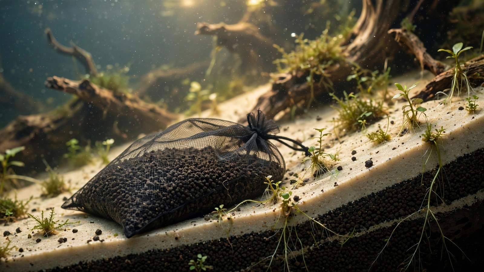 Cross-section view of aquasoil packed in black mesh bags forming a planted aquarium slope under a sand cap