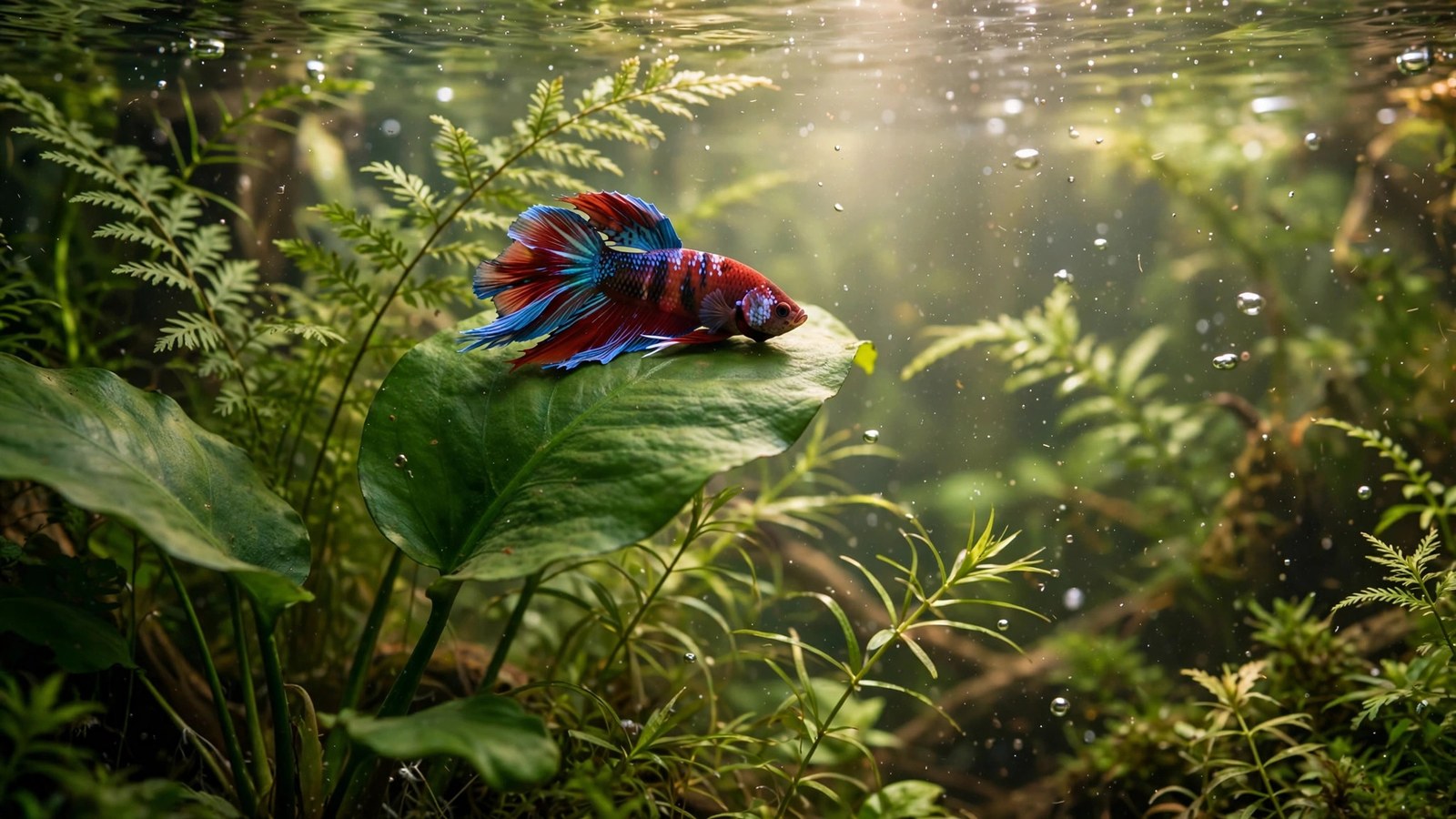 Betta fish resting on a broad anubias leaf in a lush planted aquarium