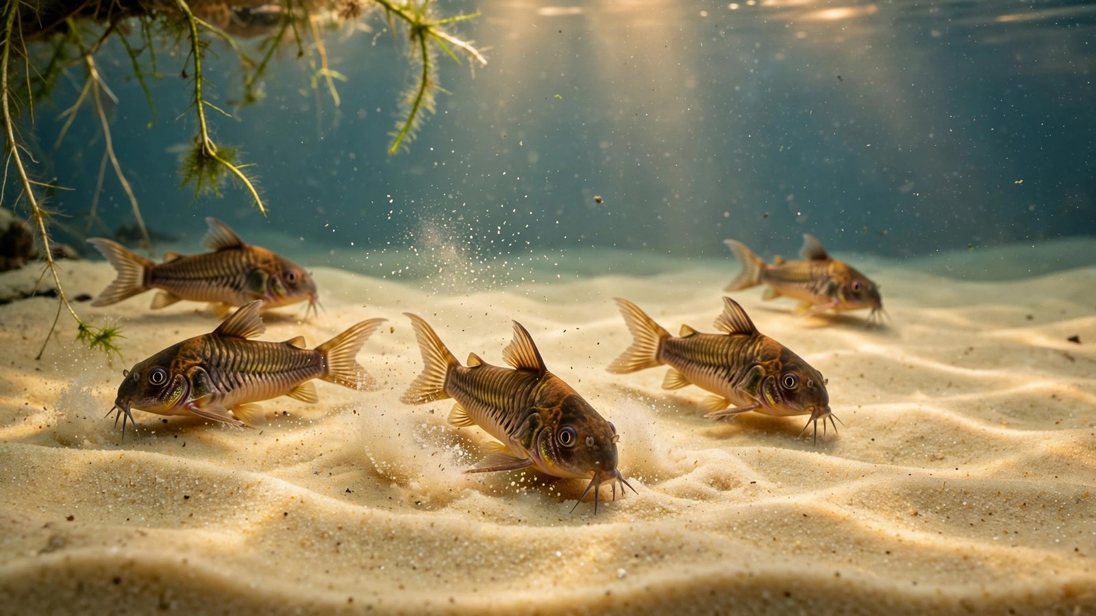 Corydoras catfish sifting fine sand substrate with visible barbels in a planted aquarium