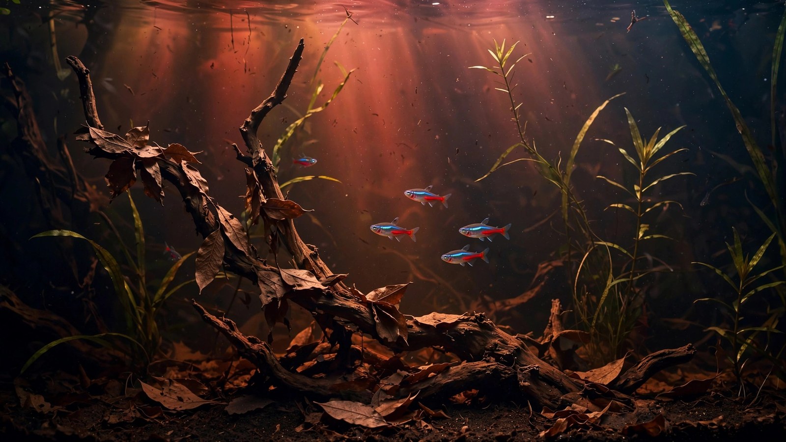 Dim amber-tinted blackwater aquarium with driftwood, leaf litter, and soft-water plants