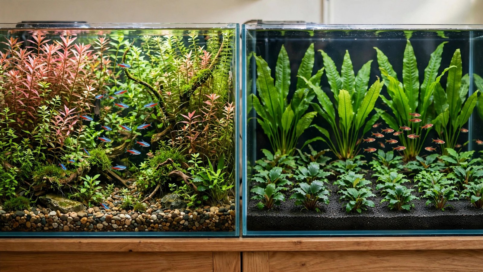 Side-by-side planted aquarium comparison of a Walstad soil tank and a classic dirted tank