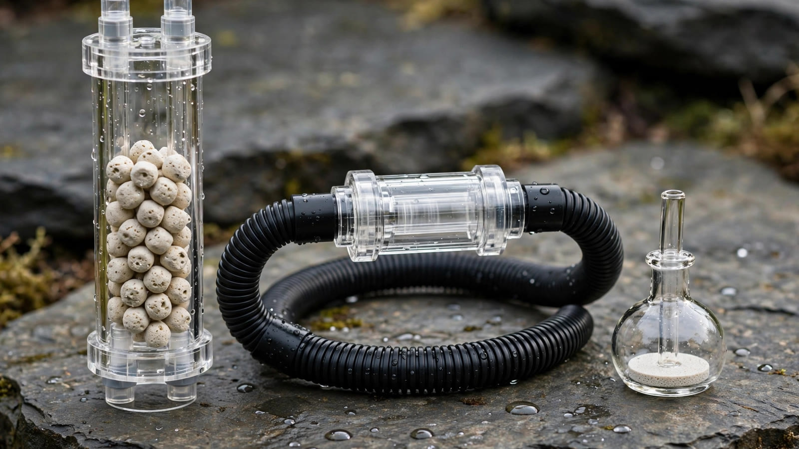 Aquarium CO2 equipment side by side: external reactor chamber, inline diffuser on filter hose, and glass in-tank atomizer