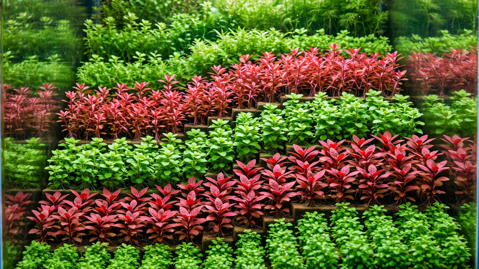 Dutch aquascape from the front: red and green plant streets rising on stepped terraces, no hardscape visible