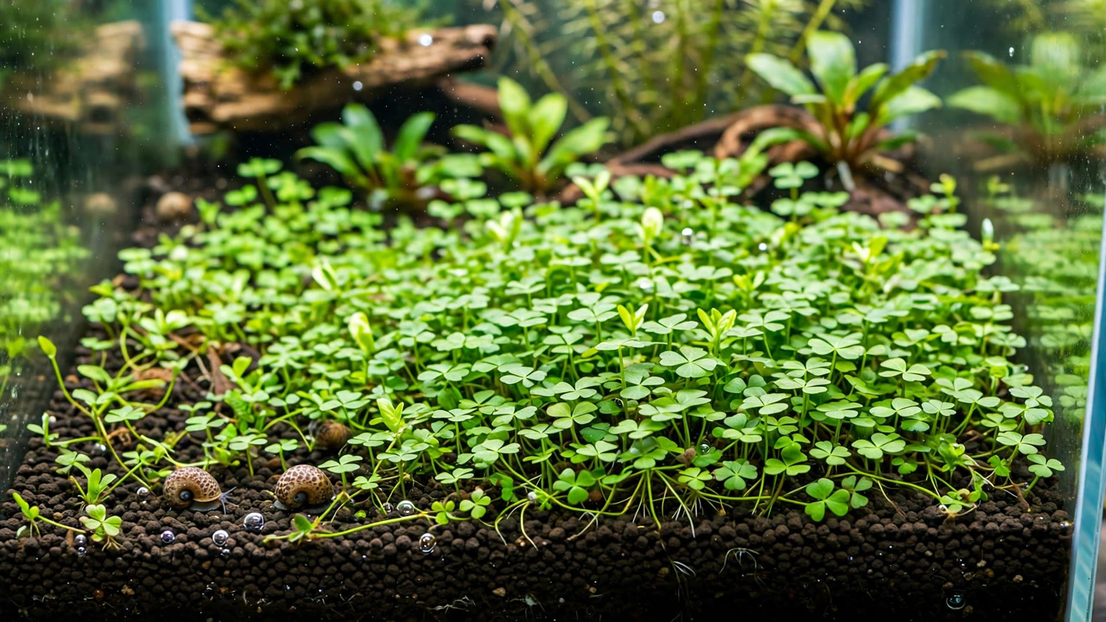 Lush Marsilea hirsuta dwarf clover carpet spreading across dark aquasoil in a bright low-tech planted aquarium