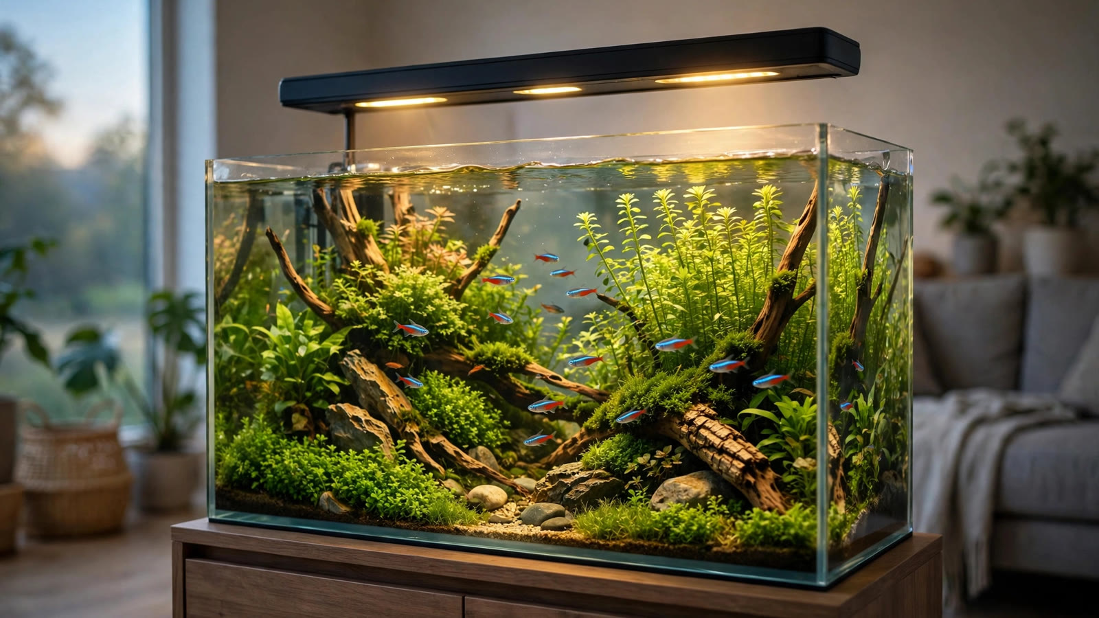Modern planted aquarium with an app-controlled LED light running a sunrise program over a lush green aquascape