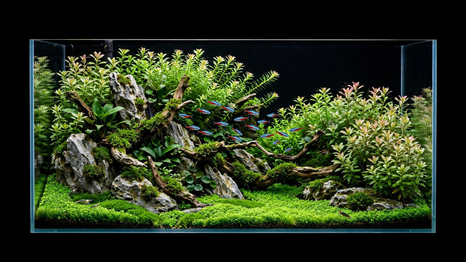 Aquarium tank at photo-day peak with trimmed plants, hidden equipment, clean glass and black background for contest entry