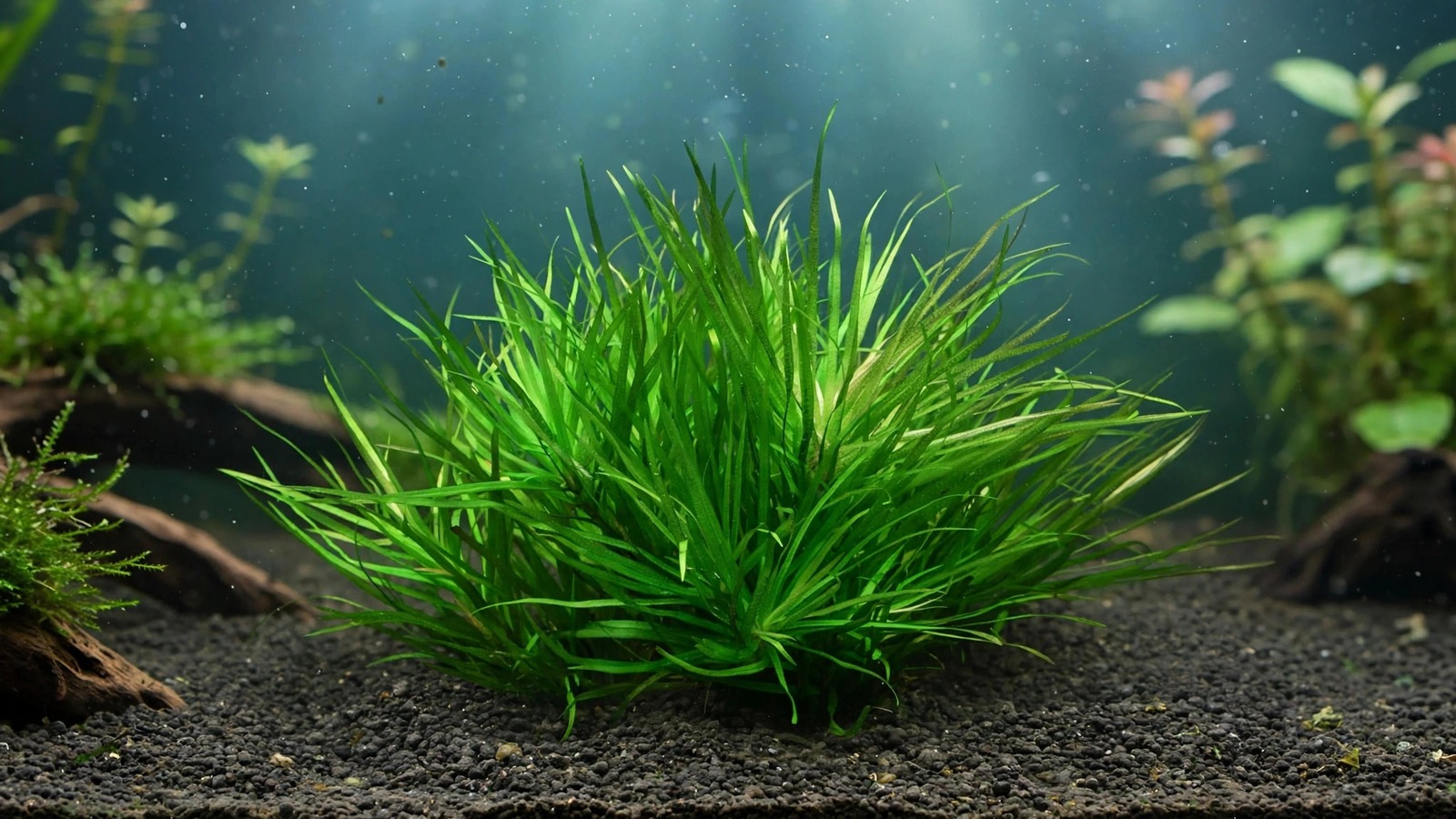 Lush Blyxa japonica rosette with narrow grass-like blades in a planted aquarium midground