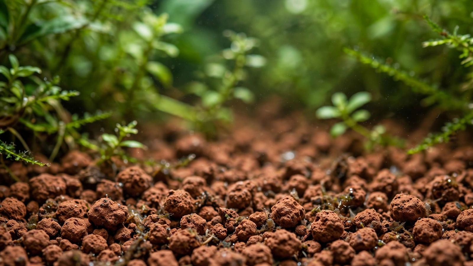 Close-up of reddish-brown calcined clay granules as aquarium substrate under lush green planted tank foliage