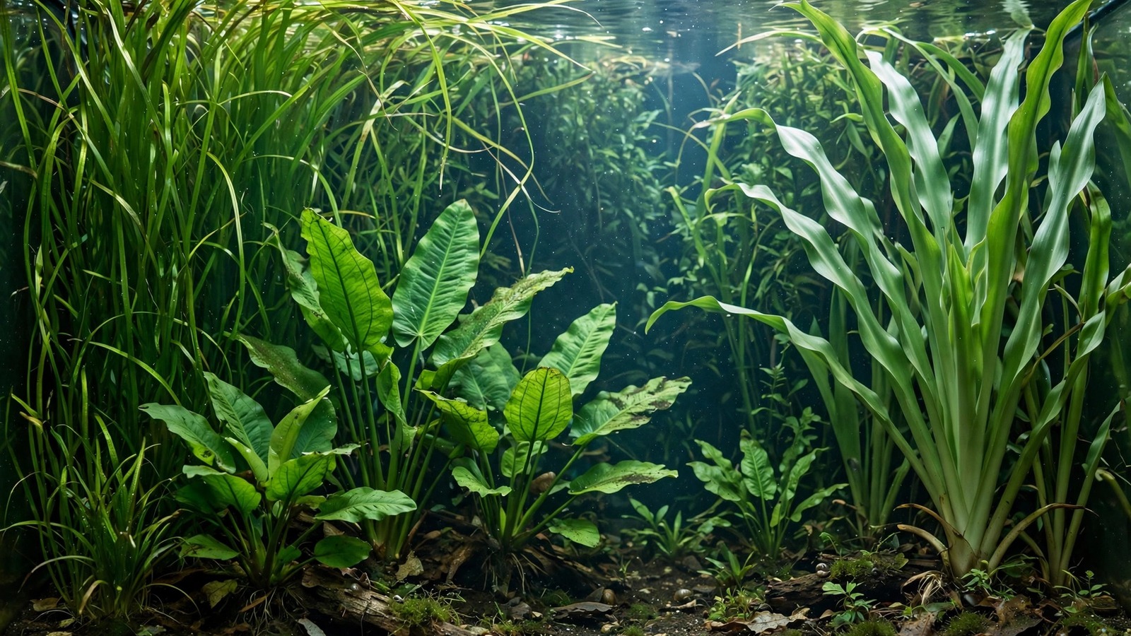 Tall Vallisneria, Amazon sword and crinum plants filling the back wall of a deep planted aquarium to the surface