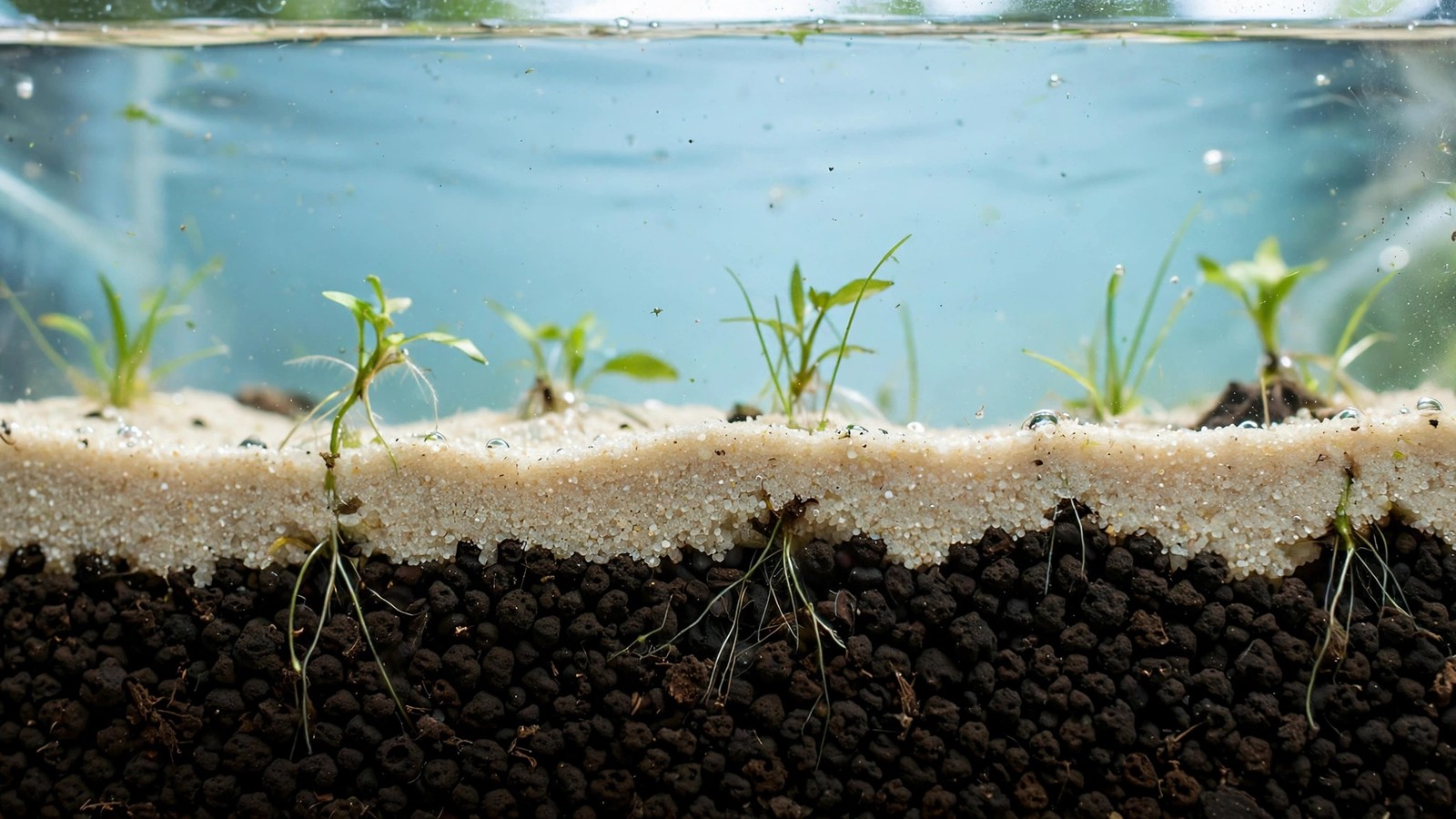 Cross-section view of pale sand cap layered over dark aquasoil granules in a planted aquarium