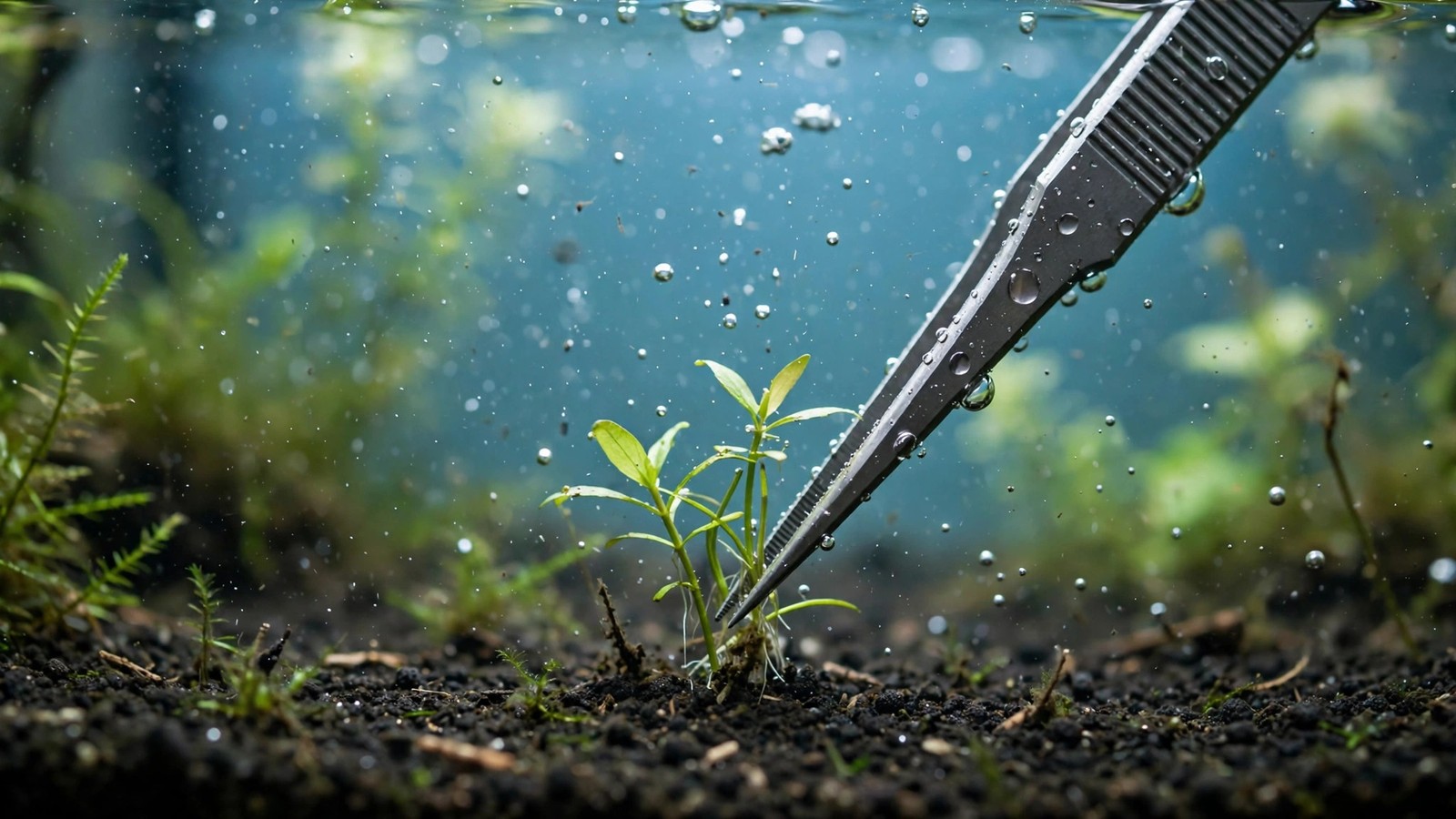Aquascaping tweezers planting green aquarium stem plants deep into substrate