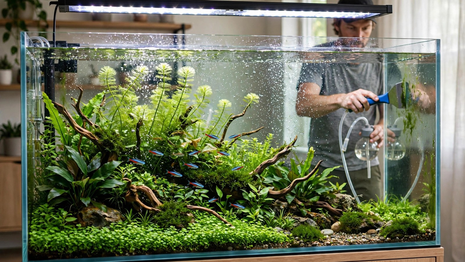 Hand siphoning water during a weekly planted aquarium water change with thriving green plants