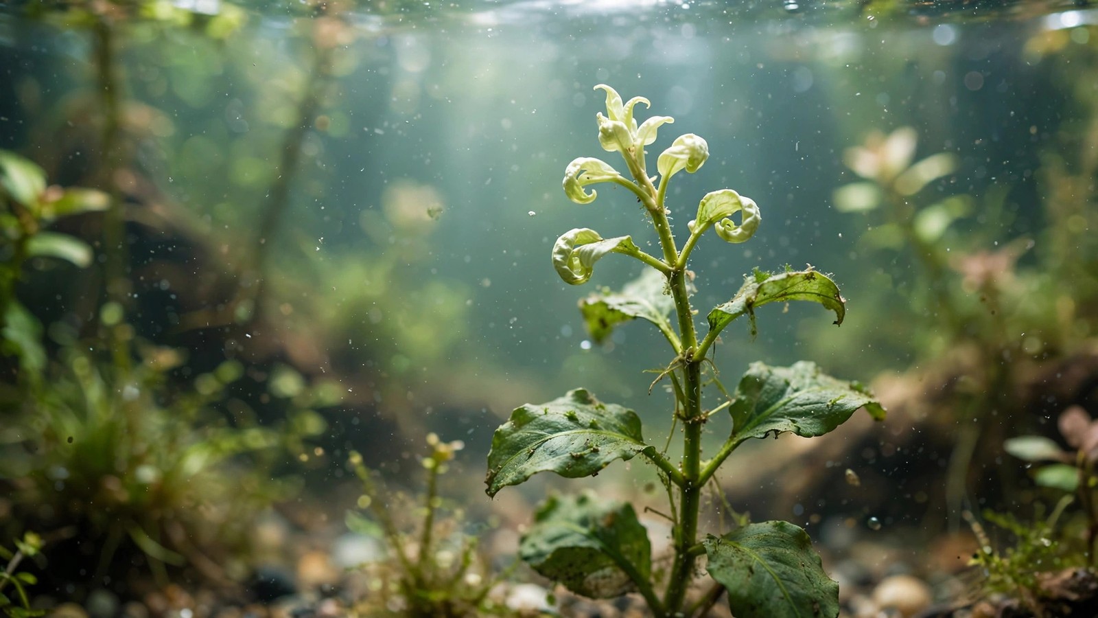 Aquarium stem plant with small twisted stunted new leaves beside healthy older foliage