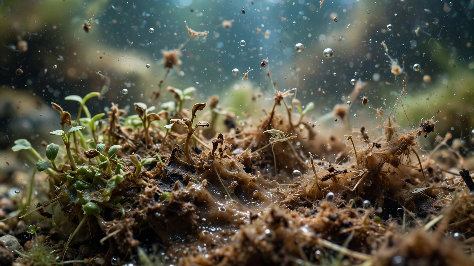 Close-up of a small green seedling mat melting and turning brown in an aquarium foreground
