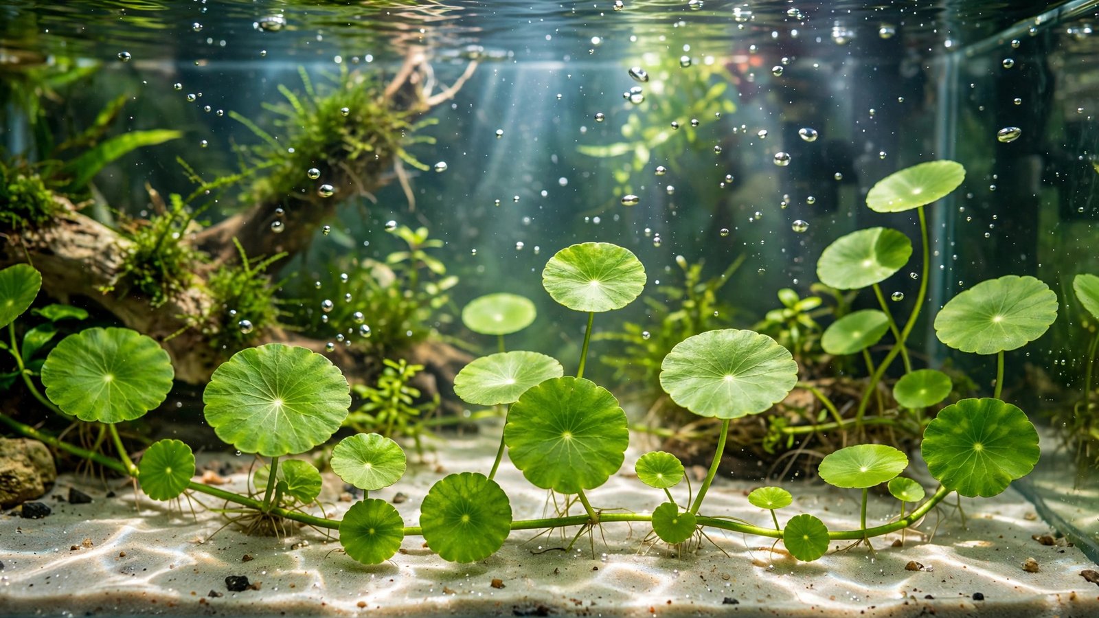 Bright green coin-shaped Brazilian pennywort leaves on creeping stems in a planted freshwater aquarium
