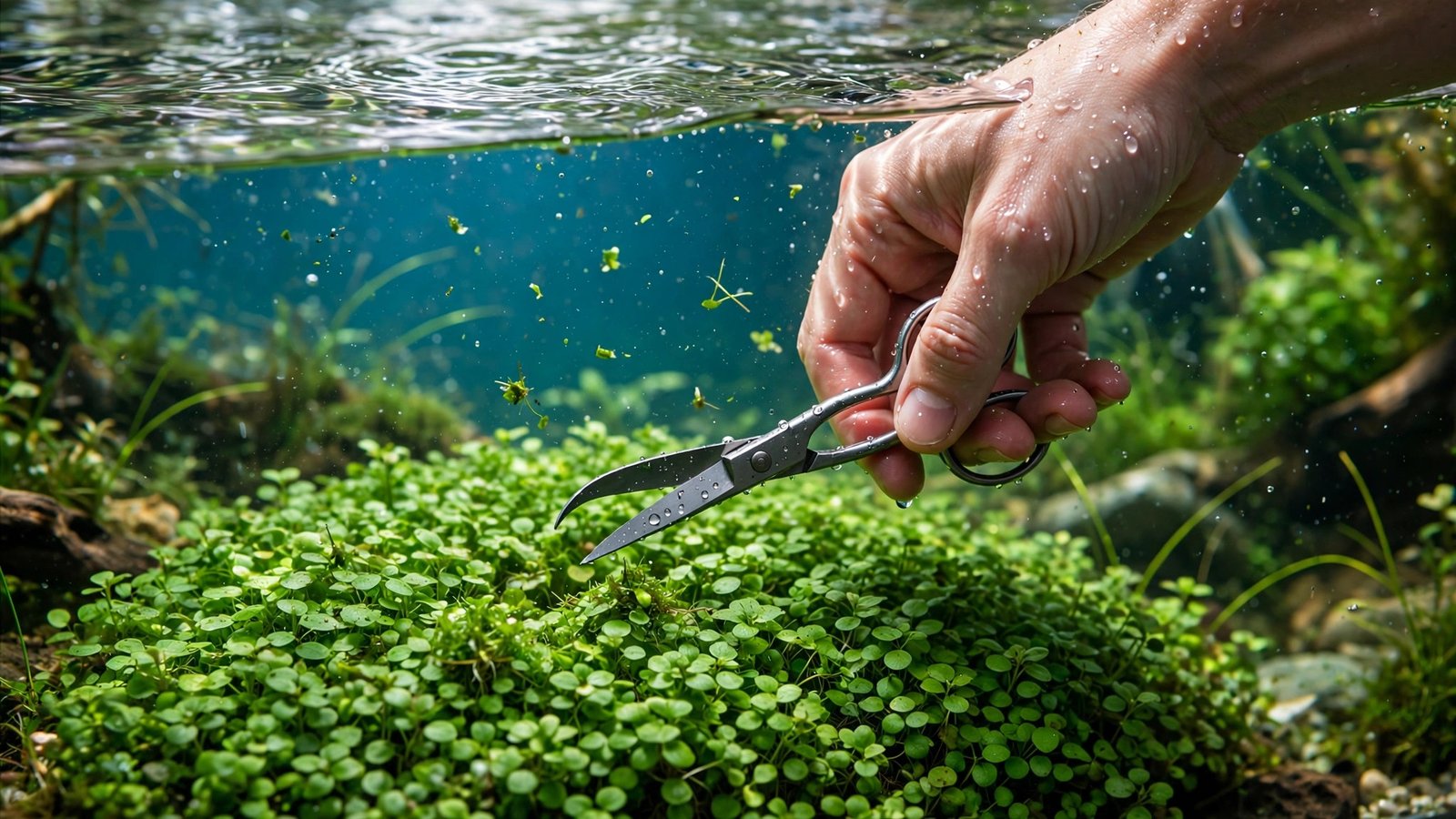 Aquarist trimming a green Monte Carlo carpet with curved aquascaping scissors in a planted tank