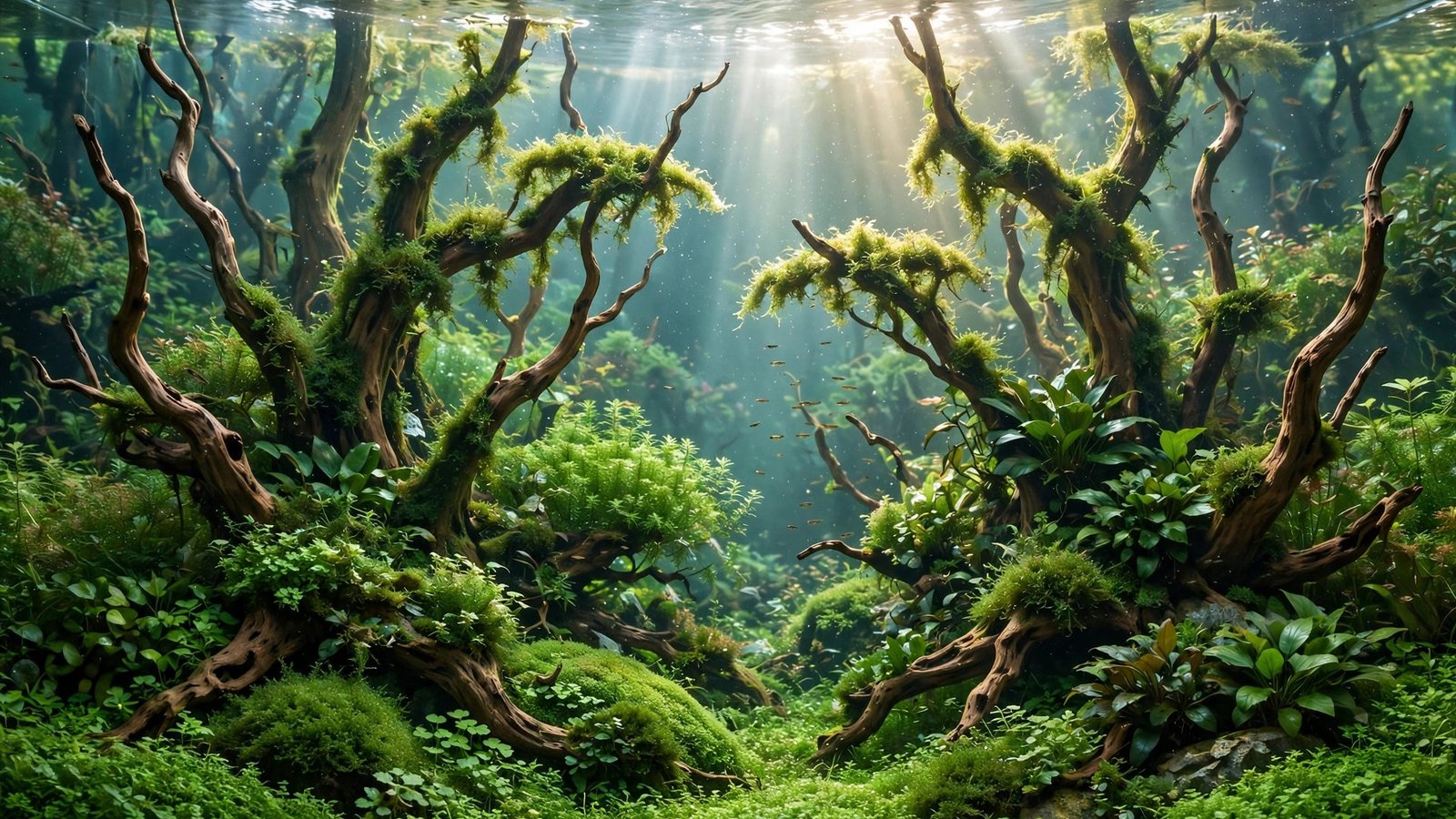 Wide view of a lush underwater forest aquascape with driftwood trees and dense green aquatic plants